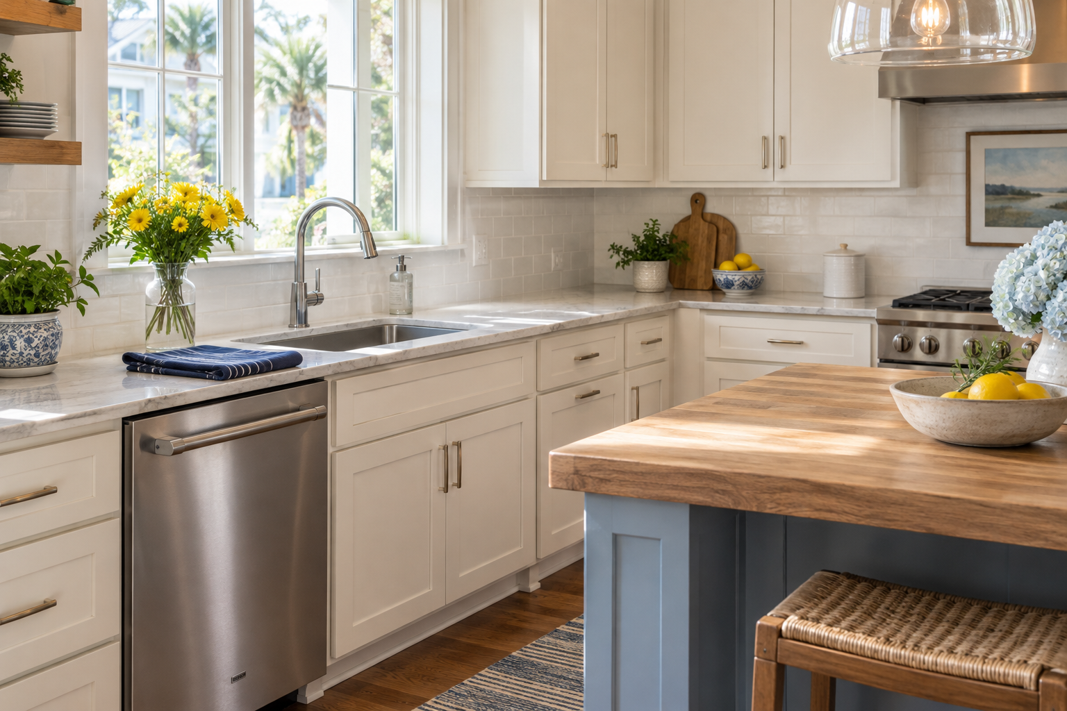 A bright kitchen with clean counters, warm oak details, and fresh flowers