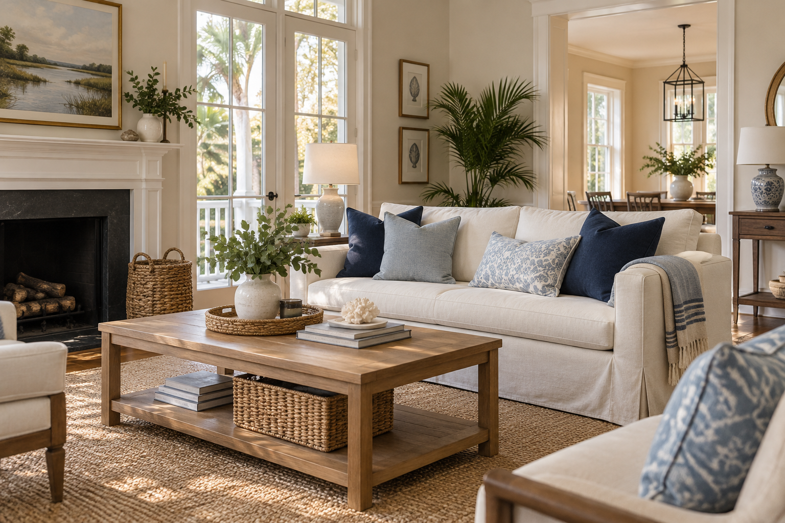 An inviting living room with a linen sofa, warm wood, and soft natural light